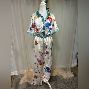 Endless Mcon Mermaid Print Satin Feel 2 Piece Set Wide Leg Pants Small NWT
